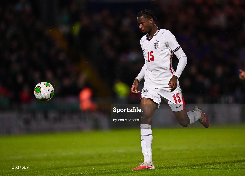 6 October 2026; Stephen Mfuni of England during the UEFA European U21 Championship qualifier match between the Republic of Ireland and England at Turner's Cross Stadium in Cork. Photo by Ben McShane/Sportsfile