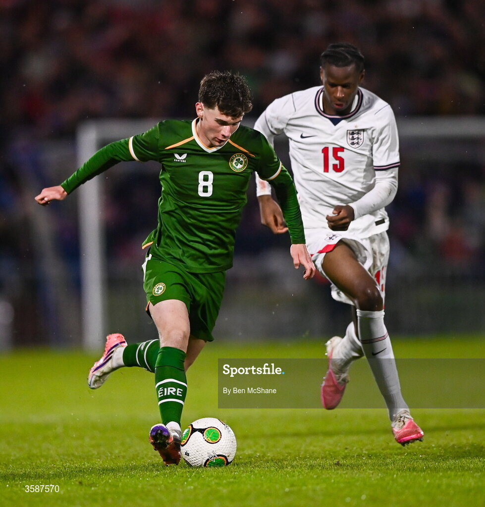 6 October 2026; Jamie Mullins of Republic of Ireland and Stephen Mfuni of England during the UEFA European U21 Championship qualifier match between the Republic of Ireland and England at Turner's Cross Stadium in Cork. Photo by Ben McShane/Sportsfile