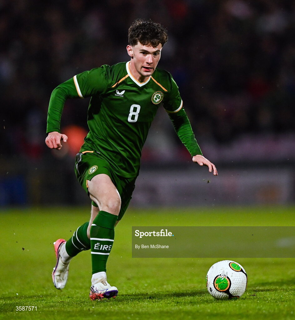 6 October 2026; Jamie Mullins of Republic of Ireland during the UEFA European U21 Championship qualifier match between the Republic of Ireland and England at Turner's Cross Stadium in Cork. Photo by Ben McShane/Sportsfile