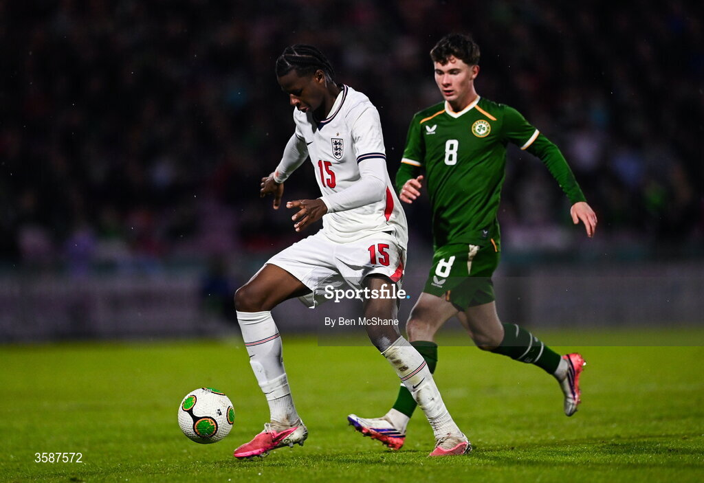 6 October 2026; Stephen Mfuni of England and Jamie Mullins of Republic of Ireland during the UEFA European U21 Championship qualifier match between the Republic of Ireland and England at Turner's Cross Stadium in Cork. Photo by Ben McShane/Sportsfile