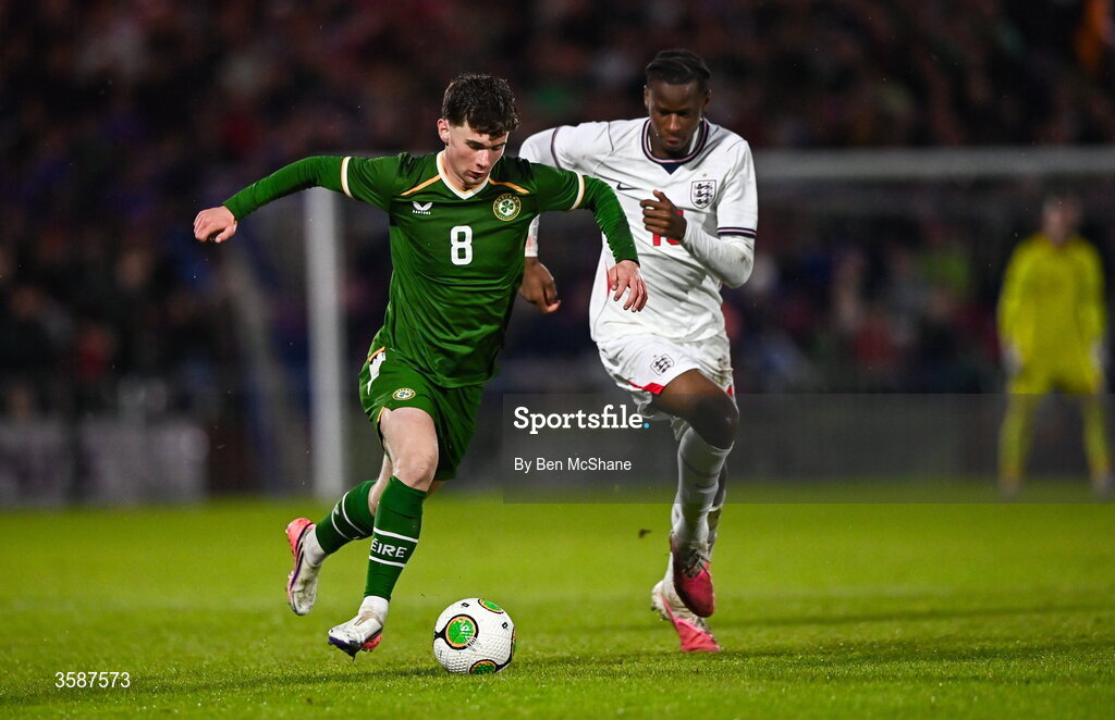 6 October 2026; Jamie Mullins of Republic of Ireland and Stephen Mfuni of England during the UEFA European U21 Championship qualifier match between the Republic of Ireland and England at Turner's Cross Stadium in Cork. Photo by Ben McShane/Sportsfile
