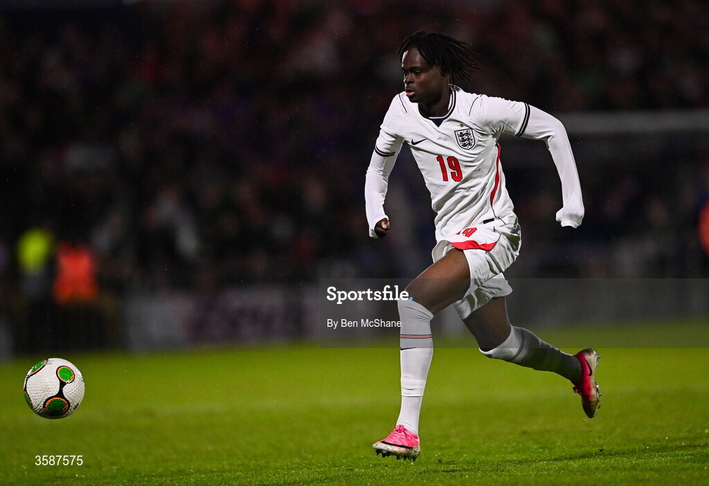 6 October 2026; Tyrique George of England during the UEFA European U21 Championship qualifier match between the Republic of Ireland and England at Turner's Cross Stadium in Cork. Photo by Ben McShane/Sportsfile
