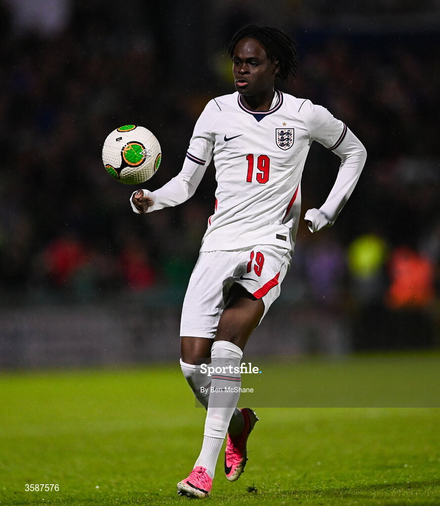 6 October 2026; Tyrique George of England during the UEFA European U21 Championship qualifier match between the Republic of Ireland and England at Turner's Cross Stadium in Cork. Photo by Ben McShane/Sportsfile