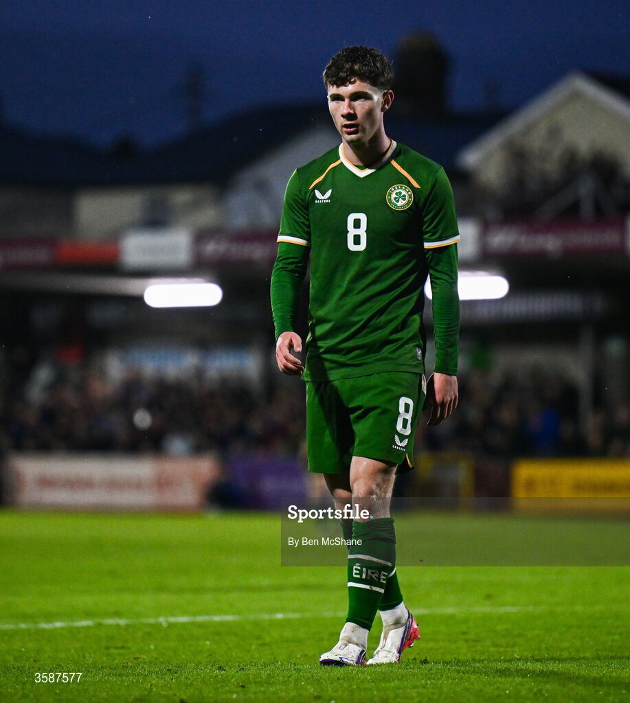 6 October 2026; Jamie Mullins of Republic of Ireland during the UEFA European U21 Championship qualifier match between the Republic of Ireland and England at Turner's Cross Stadium in Cork. Photo by Ben McShane/Sportsfile
