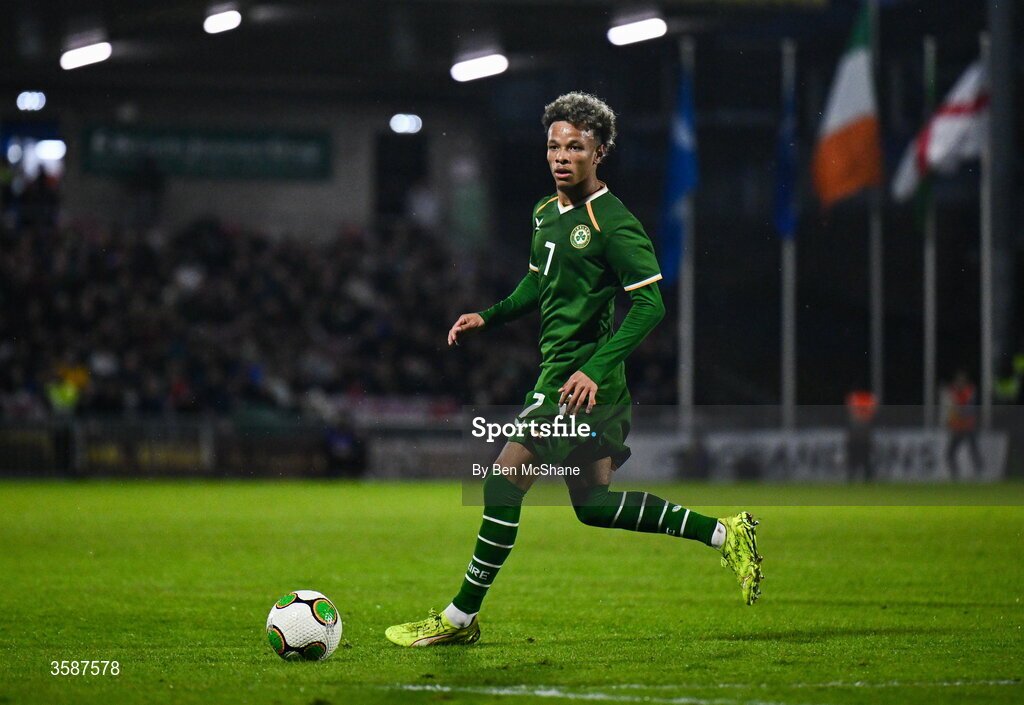 6 October 2026; Trent Kone-Doherty of Republic of Ireland during the UEFA European U21 Championship qualifier match between the Republic of Ireland and England at Turner's Cross Stadium in Cork. Photo by Ben McShane/Sportsfile