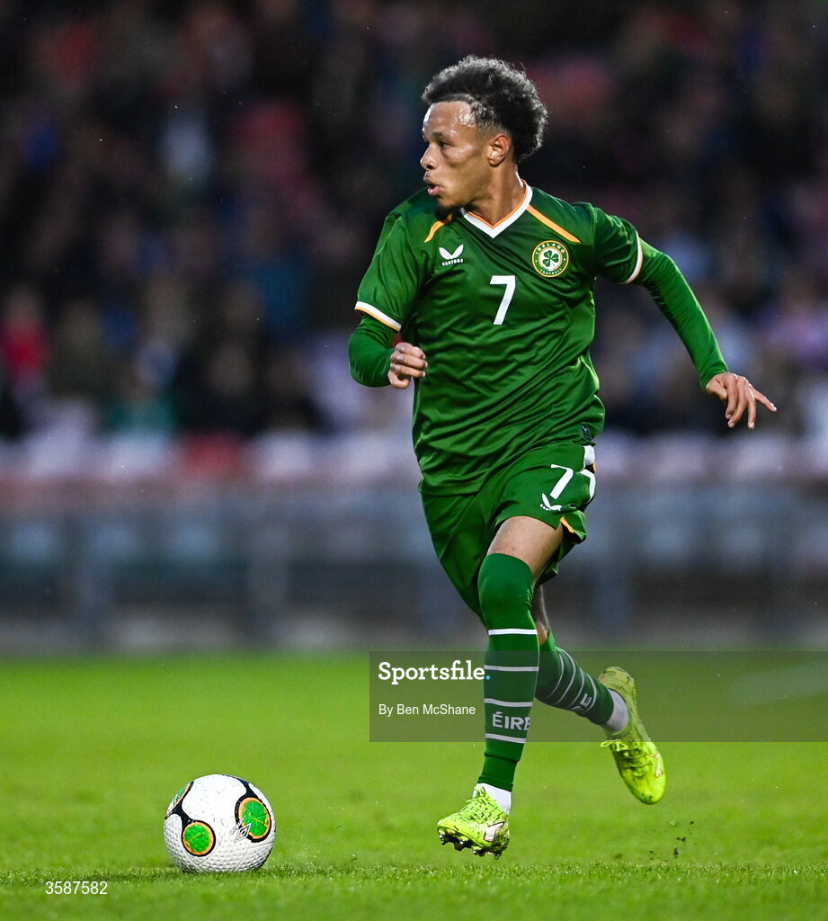 6 October 2026; Trent Kone-Doherty of Republic of Ireland during the UEFA European U21 Championship qualifier match between the Republic of Ireland and England at Turner's Cross Stadium in Cork. Photo by Ben McShane/Sportsfile