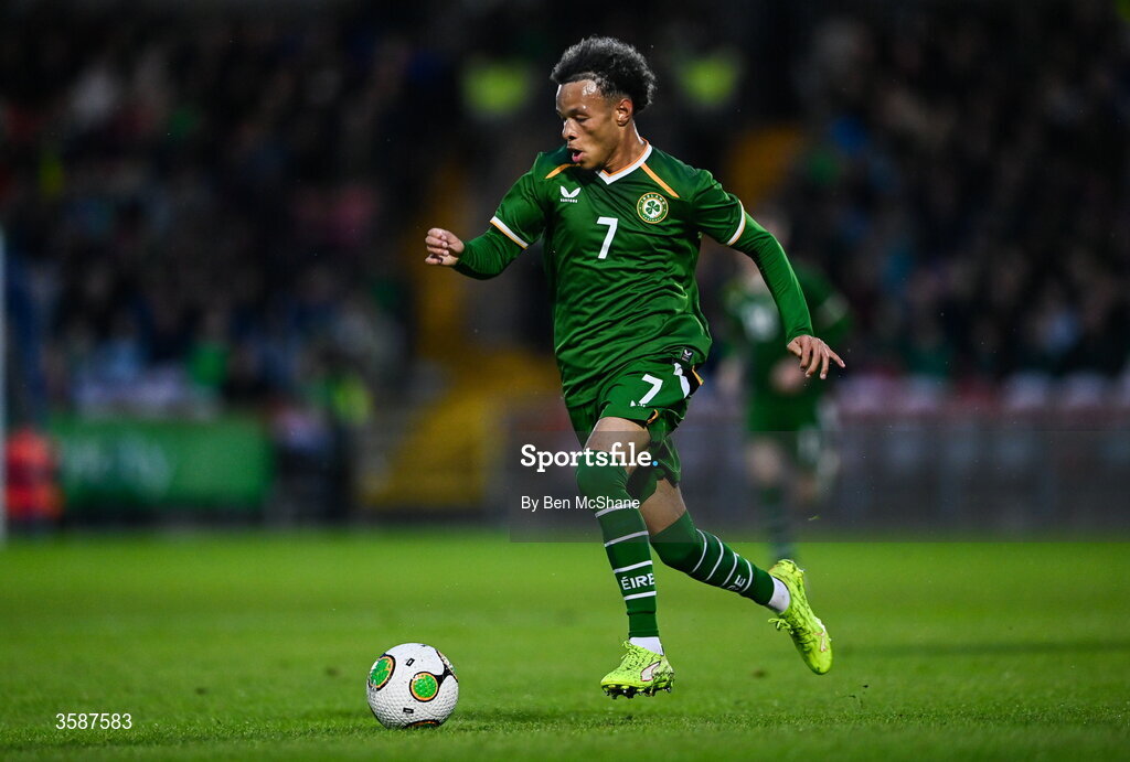 6 October 2026; Trent Kone-Doherty of Republic of Ireland during the UEFA European U21 Championship qualifier match between the Republic of Ireland and England at Turner's Cross Stadium in Cork. Photo by Ben McShane/Sportsfile