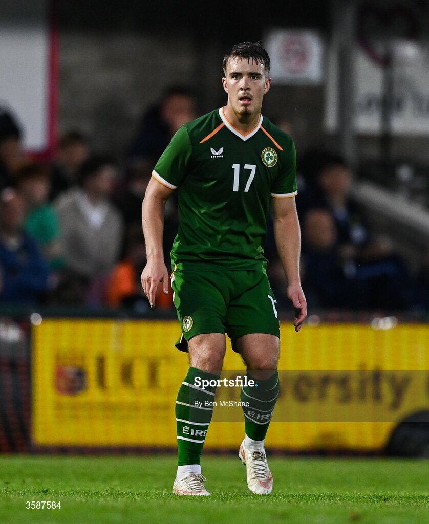 6 October 2026; Tommy Lonergan of Republic of Ireland during the UEFA European U21 Championship qualifier match between the Republic of Ireland and England at Turner's Cross Stadium in Cork. Photo by Ben McShane/Sportsfile