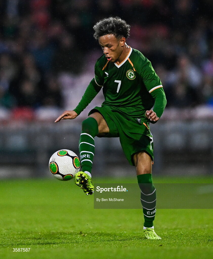 6 October 2026; Trent Kone-Doherty of Republic of Ireland during the UEFA European U21 Championship qualifier match between the Republic of Ireland and England at Turner's Cross Stadium in Cork. Photo by Ben McShane/Sportsfile