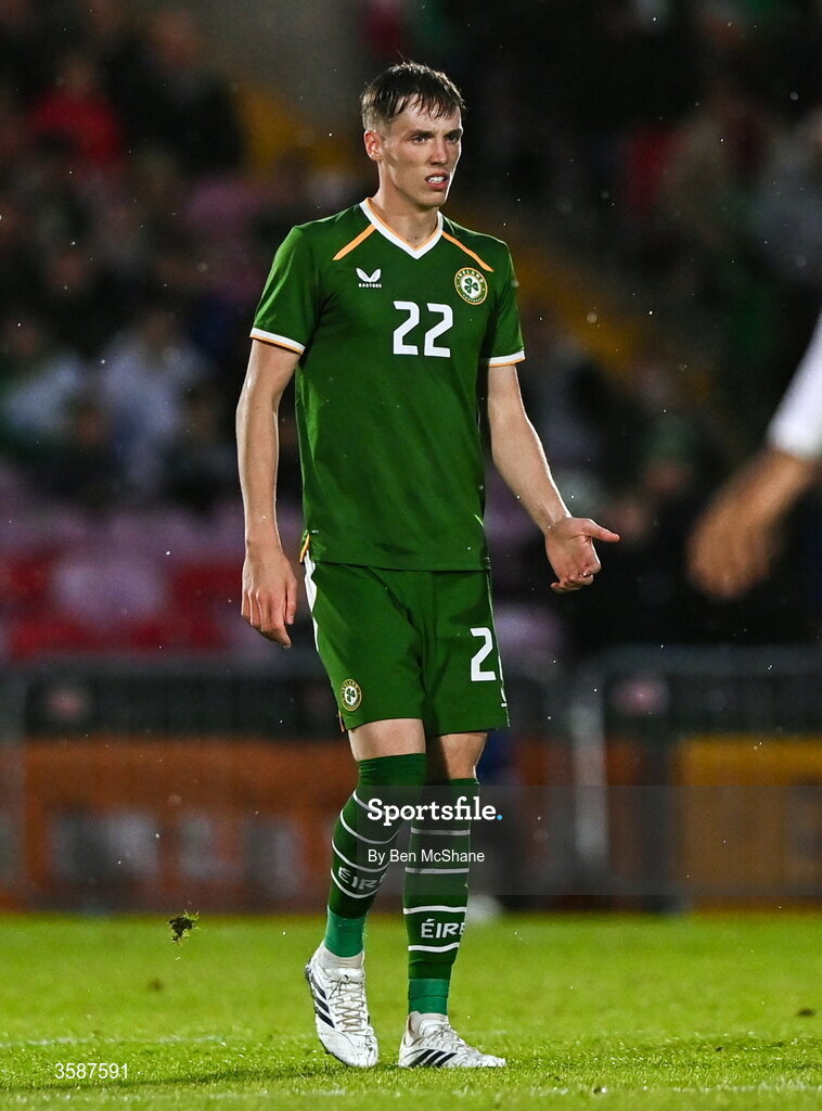 6 October 2026; Oisin Gallagher of Republic of Ireland during the UEFA European U21 Championship qualifier match between the Republic of Ireland and England at Turner's Cross Stadium in Cork. Photo by Ben McShane/Sportsfile