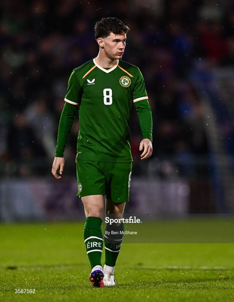 6 October 2026; Jamie Mullins of Republic of Ireland during the UEFA European U21 Championship qualifier match between the Republic of Ireland and England at Turner's Cross Stadium in Cork. Photo by Ben McShane/Sportsfile
