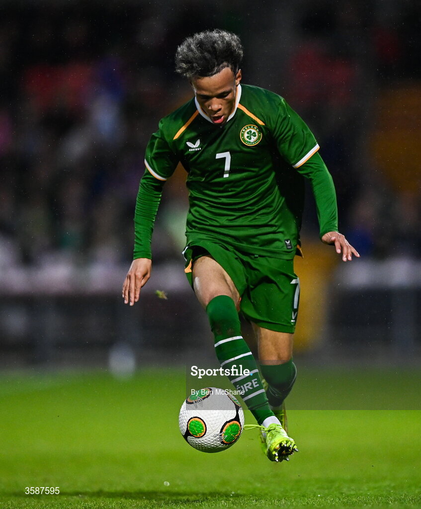 6 October 2026; Trent Kone-Doherty of Republic of Ireland during the UEFA European U21 Championship qualifier match between the Republic of Ireland and England at Turner's Cross Stadium in Cork. Photo by Ben McShane/Sportsfile