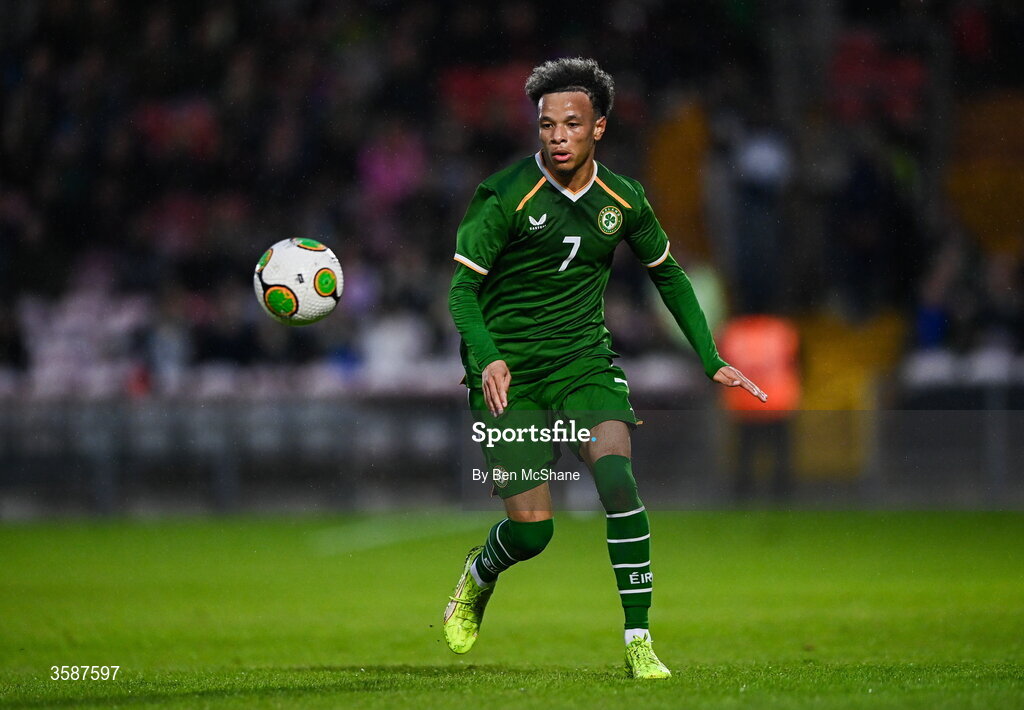 6 October 2026; Trent Kone-Doherty of Republic of Ireland during the UEFA European U21 Championship qualifier match between the Republic of Ireland and England at Turner's Cross Stadium in Cork. Photo by Ben McShane/Sportsfile