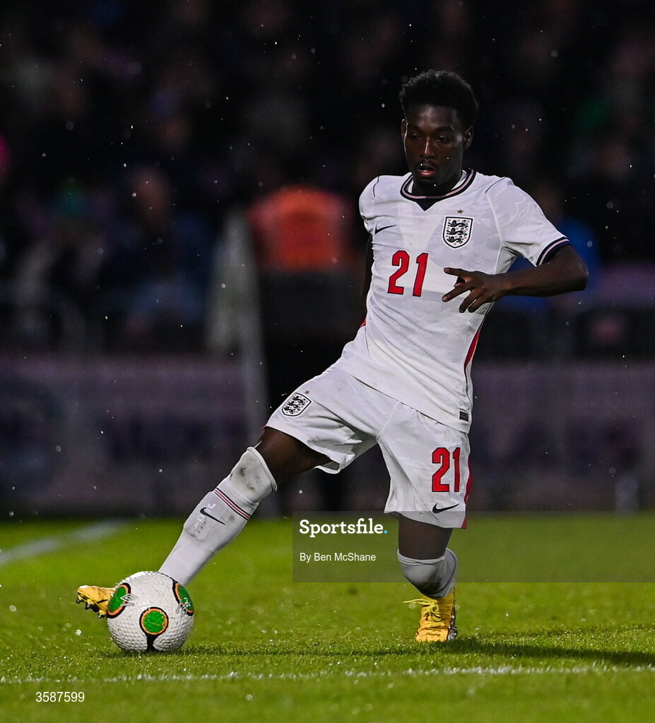 6 October 2026; Amario Cozier-Duberry of England during the UEFA European U21 Championship qualifier match between the Republic of Ireland and England at Turner's Cross Stadium in Cork. Photo by Ben McShane/Sportsfile
