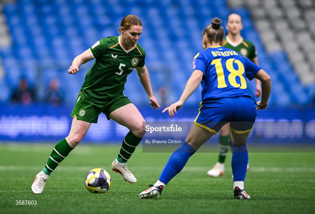 9 October 2026; Aoife Mannion of Republic of Ireland in action against Alexandra Burova of Kazakhstan during the 2027 FIFA Women’s World Cup qualifying round 1 play-off first leg match between Kazakhstan and the Republic of Ireland at Astana Arena in Kazakhstan. Photo by Shauna Clinton/Sportsfile