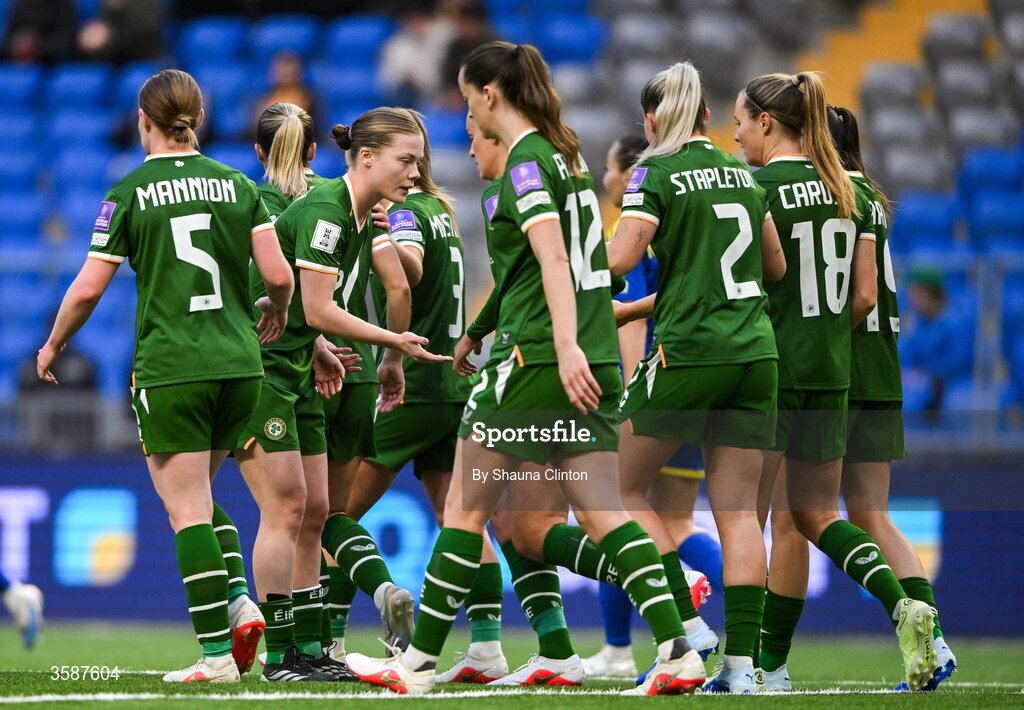 9 October 2026; Kyra Carusa of Republic of Ireland, 18, celebrates with team-mates including Emily Murphy, centre, after scoring their side's first goal during the 2027 FIFA Women’s World Cup qualifying round 1 play-off first leg match between Kazakhstan and the Republic of Ireland at Astana Arena in Kazakhstan. Photo by Shauna Clinton/Sportsfile