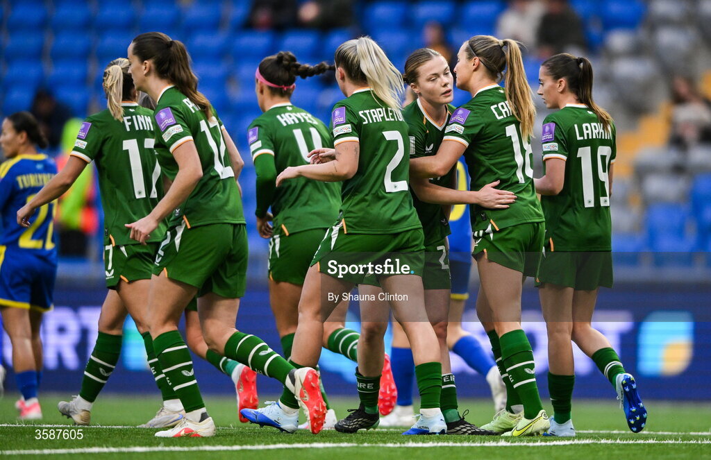 9 October 2026; Kyra Carusa of Republic of Ireland, 18, celebrates with team-mates including Emily Murphy, centre, after scoring their side's first goal during the 2027 FIFA Women’s World Cup qualifying round 1 play-off first leg match between Kazakhstan and the Republic of Ireland at Astana Arena in Kazakhstan. Photo by Shauna Clinton/Sportsfile