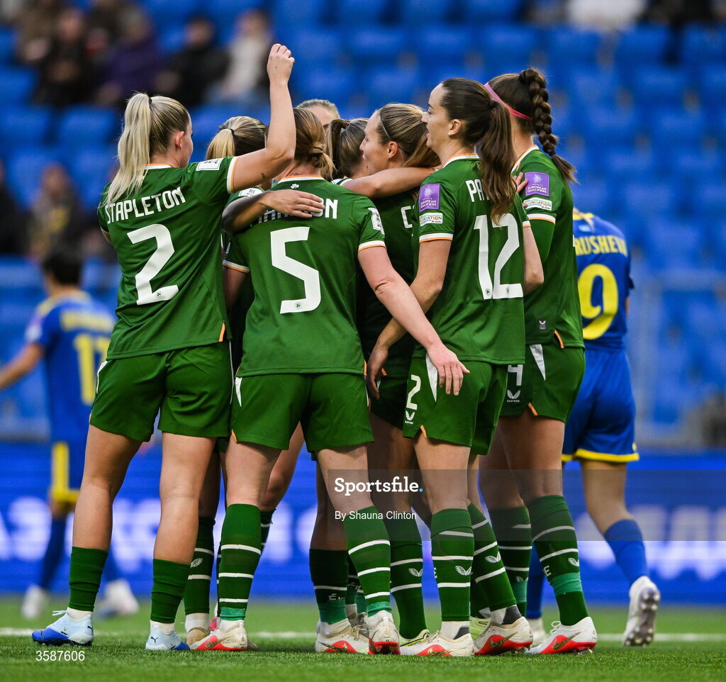 9 October 2026; Kyra Carusa of Republic of Ireland, third from right, celebrates with team-mates, inluding Jessie Stapleton, 2, Aoife Mannion, 5, and Anna Patten, 12, after scoring their side's first goal during the 2027 FIFA Women’s World Cup qualifying round 1 play-off first leg match between Kazakhstan and the Republic of Ireland at Astana Arena in Kazakhstan. Photo by Shauna Clinton/Sportsfile
