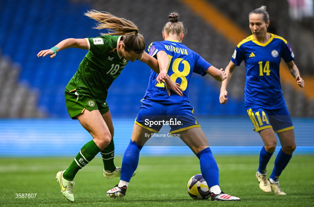 9 October 2026; Kyra Carusa of Republic of Ireland in action against Alexandra Burova of Kazakhstan during the 2027 FIFA Women’s World Cup qualifying round 1 play-off first leg match between Kazakhstan and the Republic of Ireland at Astana Arena in Kazakhstan. Photo by Shauna Clinton/Sportsfile