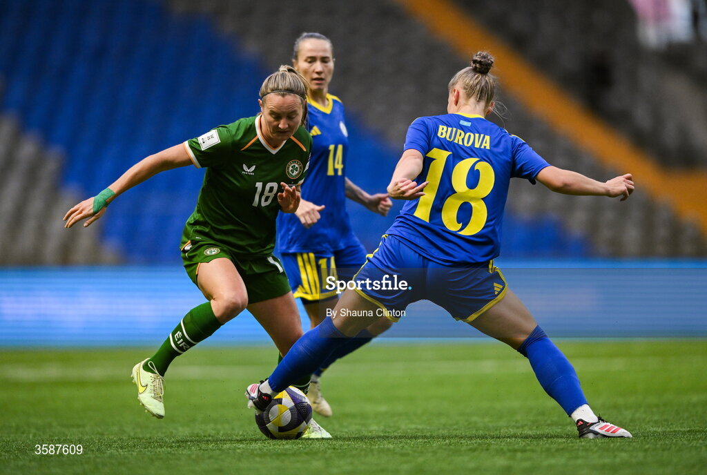 9 October 2026; Kyra Carusa of Republic of Ireland in action against Alexandra Burova of Kazakhstan during the 2027 FIFA Women’s World Cup qualifying round 1 play-off first leg match between Kazakhstan and the Republic of Ireland at Astana Arena in Kazakhstan. Photo by Shauna Clinton/Sportsfile
