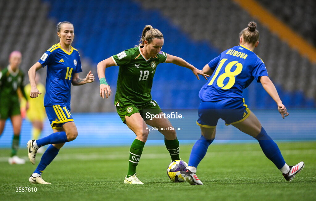 9 October 2026; Kyra Carusa of Republic of Ireland in action against Alexandra Burova of Kazakhstan during the 2027 FIFA Women’s World Cup qualifying round 1 play-off first leg match between Kazakhstan and the Republic of Ireland at Astana Arena in Kazakhstan. Photo by Shauna Clinton/Sportsfile