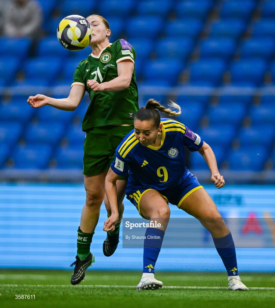 9 October 2026; Emily Murphy of Republic of Ireland in action against Bibigul Nurusheva of Kazakhstan during the 2027 FIFA Women’s World Cup qualifying round 1 play-off first leg match between Kazakhstan and the Republic of Ireland at Astana Arena in Kazakhstan. Photo by Shauna Clinton/Sportsfile