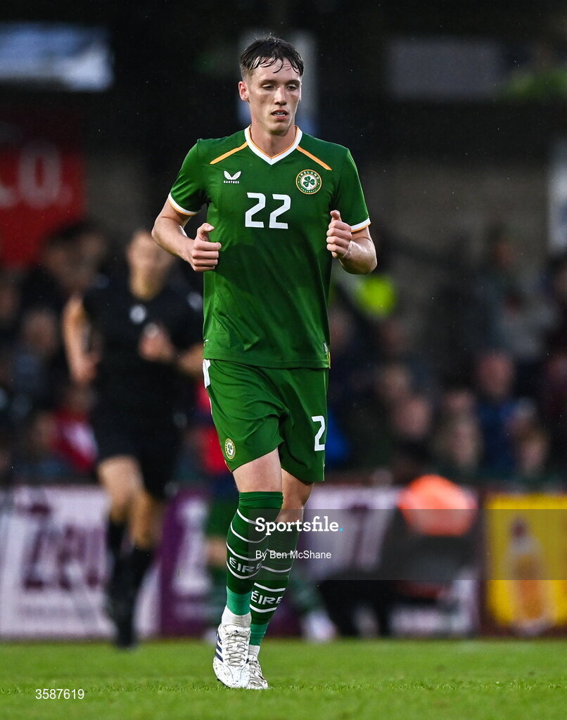 6 October 2026; Oisin Gallagher of Republic of Ireland during the UEFA European U21 Championship qualifier match between the Republic of Ireland and England at Turner's Cross Stadium in Cork. Photo by Ben McShane/Sportsfile