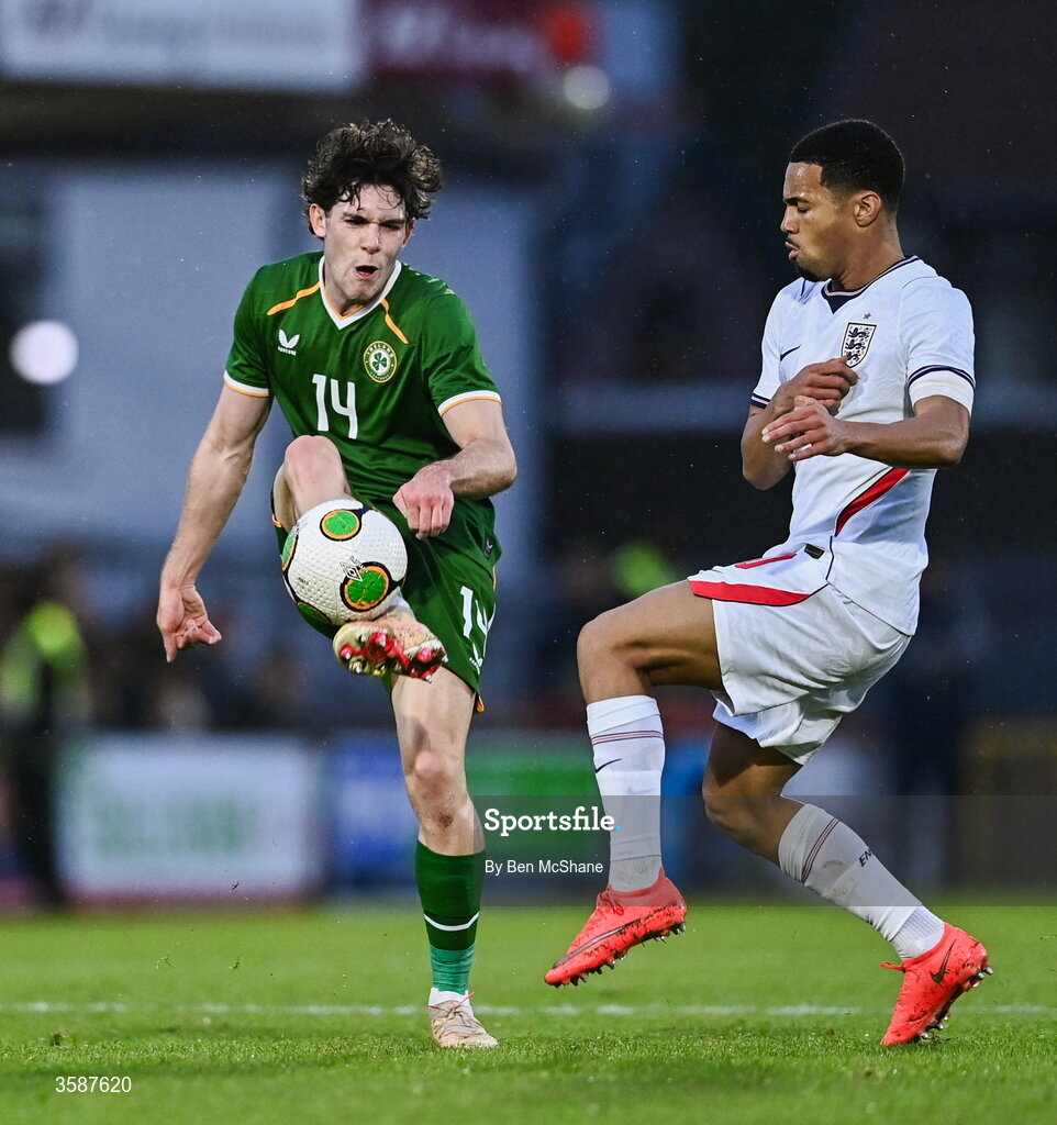 6 October 2026; Rory Finneran of Republic of Ireland and Ethan Nwaneri of England during the UEFA European U21 Championship qualifier match between the Republic of Ireland and England at Turner's Cross Stadium in Cork. Photo by Ben McShane/Sportsfile