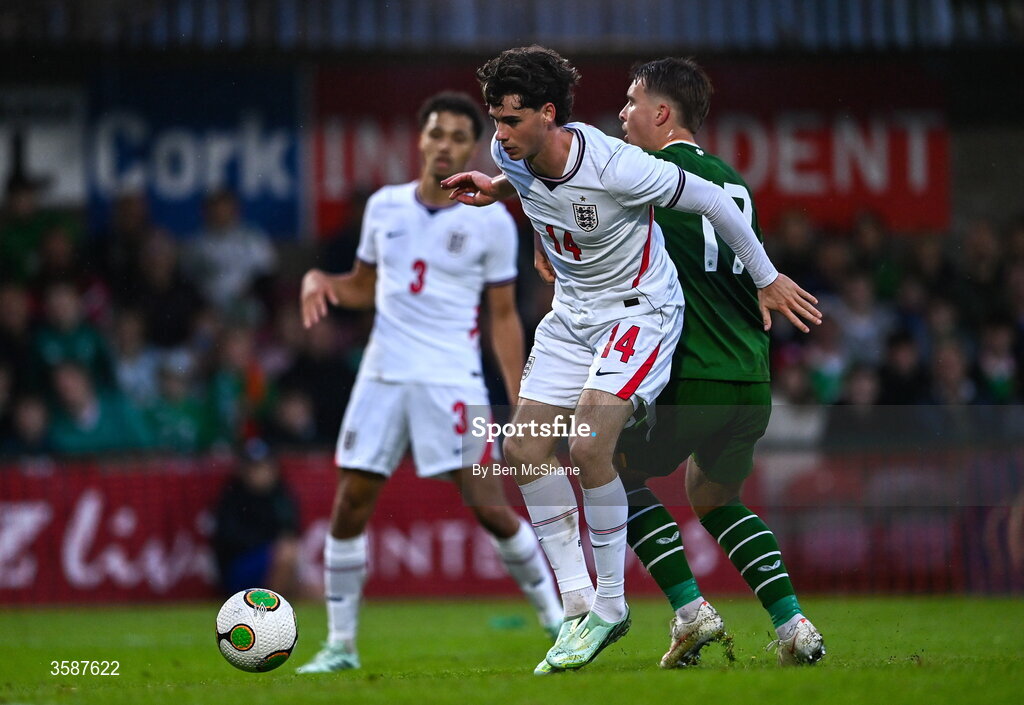 6 October 2026; Archie Gray of England and Tommy Lonergan of Republic of Ireland during the UEFA European U21 Championship qualifier match between the Republic of Ireland and England at Turner's Cross Stadium in Cork. Photo by Ben McShane/Sportsfile