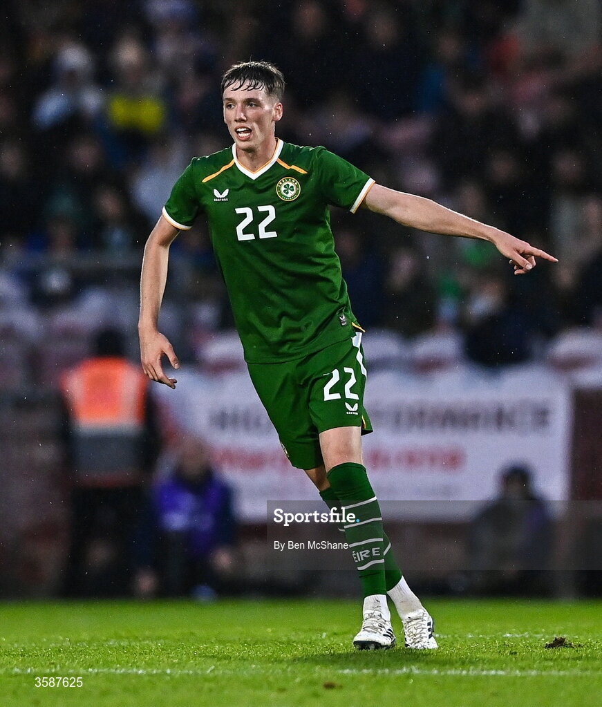 6 October 2026; Oisin Gallagher of Republic of Ireland during the UEFA European U21 Championship qualifier match between the Republic of Ireland and England at Turner's Cross Stadium in Cork. Photo by Ben McShane/Sportsfile