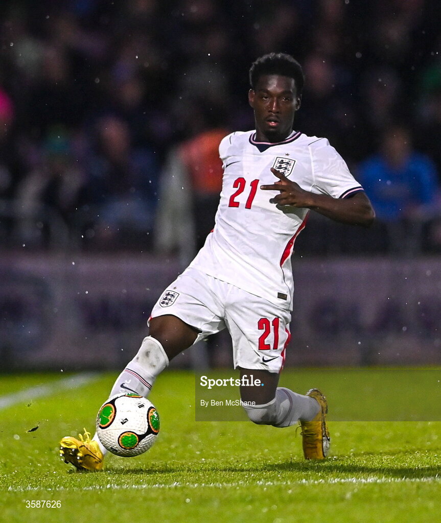 6 October 2026; Amario Cozier-Duberry of England during the UEFA European U21 Championship qualifier match between the Republic of Ireland and England at Turner's Cross Stadium in Cork. Photo by Ben McShane/Sportsfile