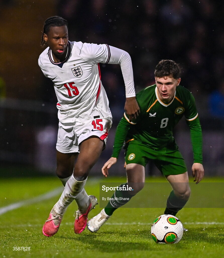 6 October 2026; Stephen Mfuni of England and Jamie Mullins of Republic of Ireland during the UEFA European U21 Championship qualifier match between the Republic of Ireland and England at Turner's Cross Stadium in Cork. Photo by Ben McShane/Sportsfile