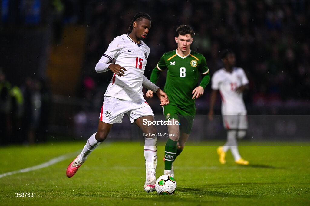 6 October 2026; Stephen Mfuni of England and Jamie Mullins of Republic of Ireland during the UEFA European U21 Championship qualifier match between the Republic of Ireland and England at Turner's Cross Stadium in Cork. Photo by Ben McShane/Sportsfile