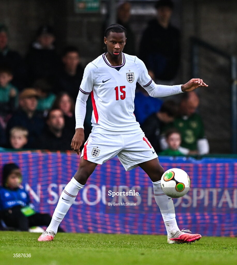 6 October 2026; Stephen Mfuni of England during the UEFA European U21 Championship qualifier match between the Republic of Ireland and England at Turner's Cross Stadium in Cork. Photo by Ben McShane/Sportsfile