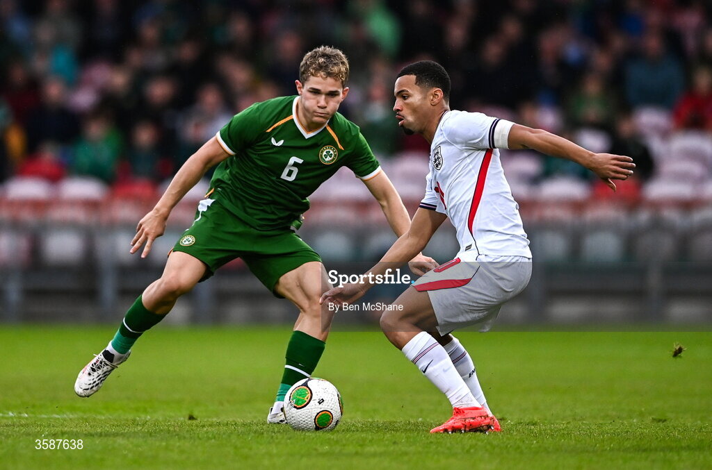 6 October 2026; Ethan Nwaneri of England and Jacob Devaney of Republic of Ireland during the UEFA European U21 Championship qualifier match between the Republic of Ireland and England at Turner's Cross Stadium in Cork. Photo by Ben McShane/Sportsfile