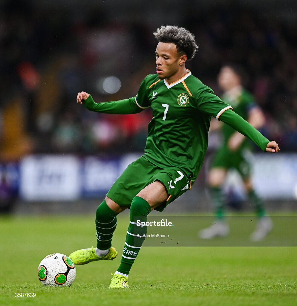 6 October 2026; Trent Kone-Doherty of Republic of Ireland during the UEFA European U21 Championship qualifier match between the Republic of Ireland and England at Turner's Cross Stadium in Cork. Photo by Ben McShane/Sportsfile