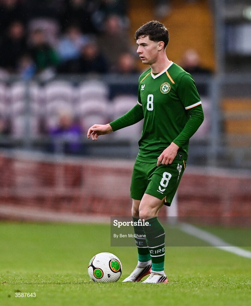 6 October 2026; Jamie Mullins of Republic of Ireland during the UEFA European U21 Championship qualifier match between the Republic of Ireland and England at Turner's Cross Stadium in Cork. Photo by Ben McShane/Sportsfile