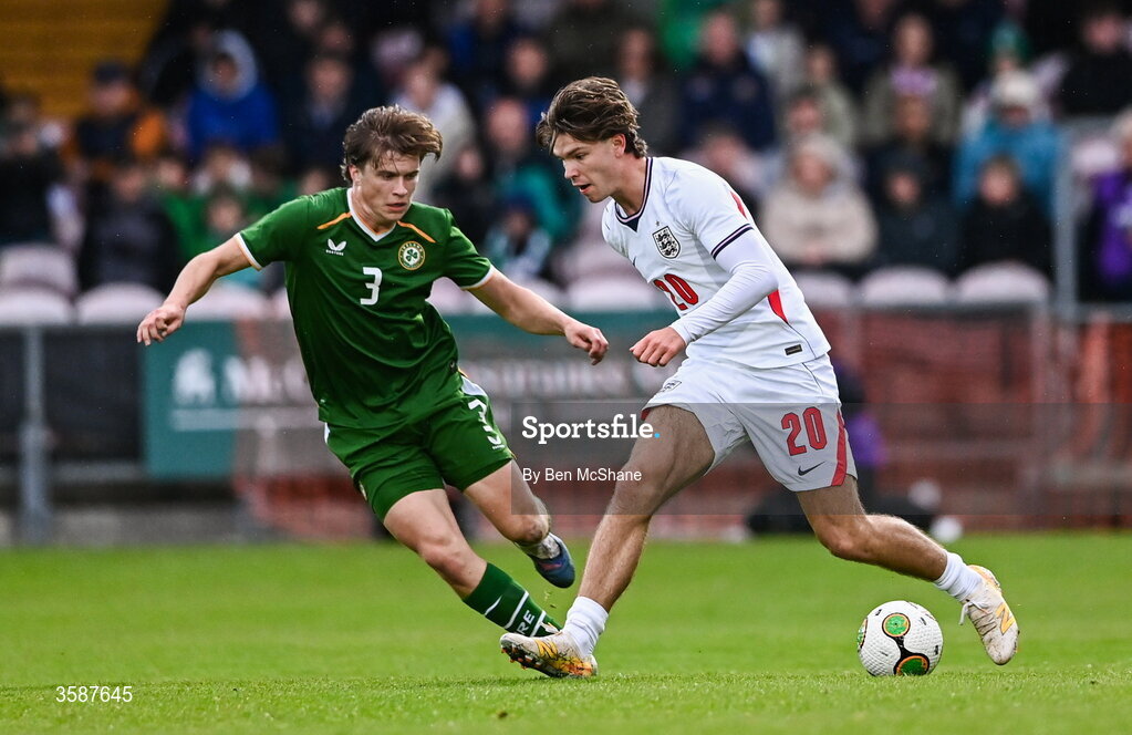 6 October 2026; Tyler Dibling of England and Conor McManus of Republic of Ireland during the UEFA European U21 Championship qualifier match between the Republic of Ireland and England at Turner's Cross Stadium in Cork. Photo by Ben McShane/Sportsfile