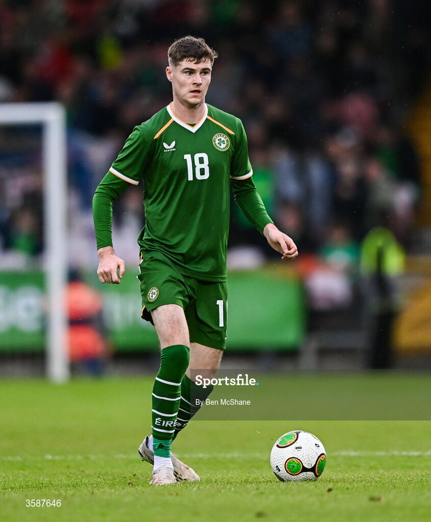 6 October 2026; Alex Murphy of Republic of Ireland during the UEFA European U21 Championship qualifier match between the Republic of Ireland and England at Turner's Cross Stadium in Cork. Photo by Ben McShane/Sportsfile