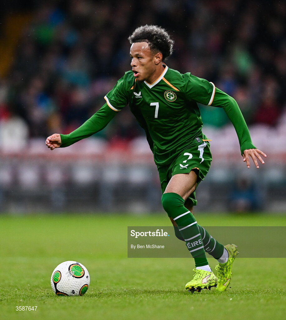 6 October 2026; Trent Kone-Doherty of Republic of Ireland during the UEFA European U21 Championship qualifier match between the Republic of Ireland and England at Turner's Cross Stadium in Cork. Photo by Ben McShane/Sportsfile