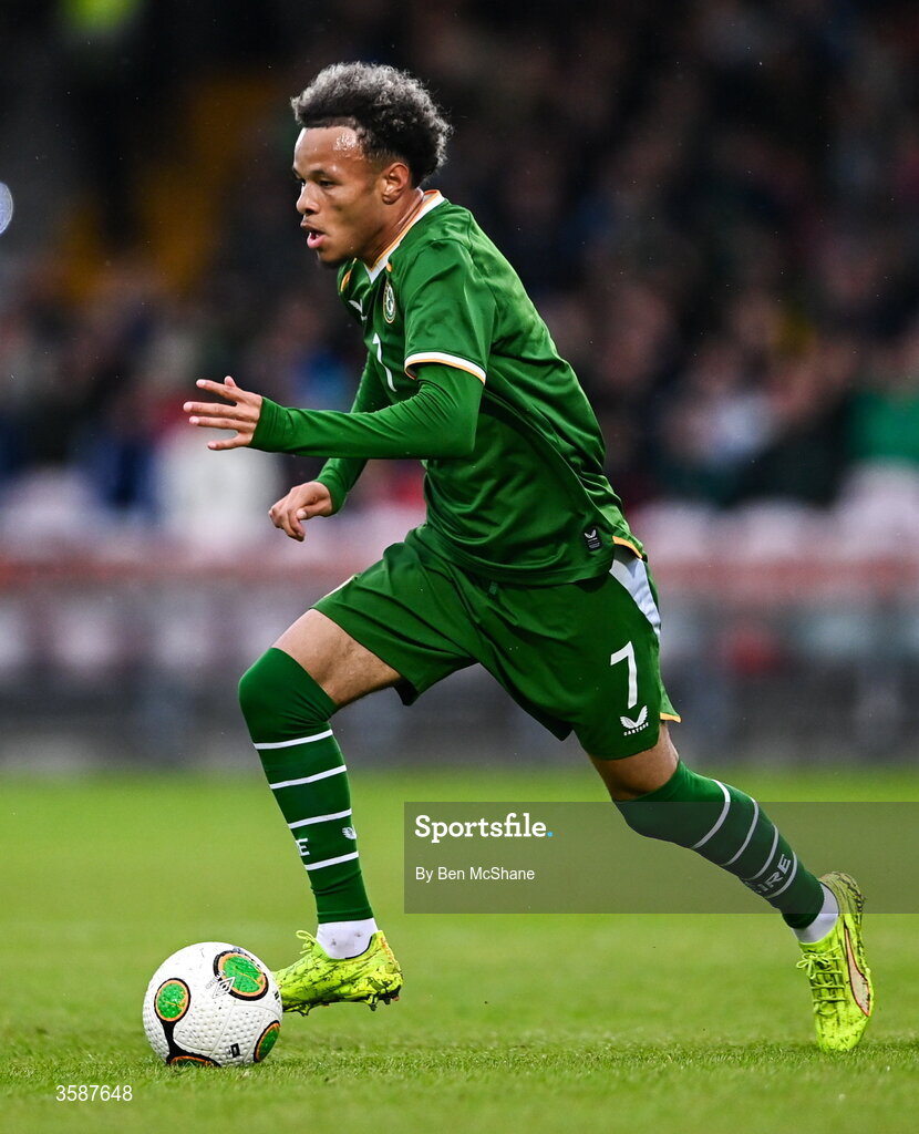 6 October 2026; Trent Kone-Doherty of Republic of Ireland during the UEFA European U21 Championship qualifier match between the Republic of Ireland and England at Turner's Cross Stadium in Cork. Photo by Ben McShane/Sportsfile