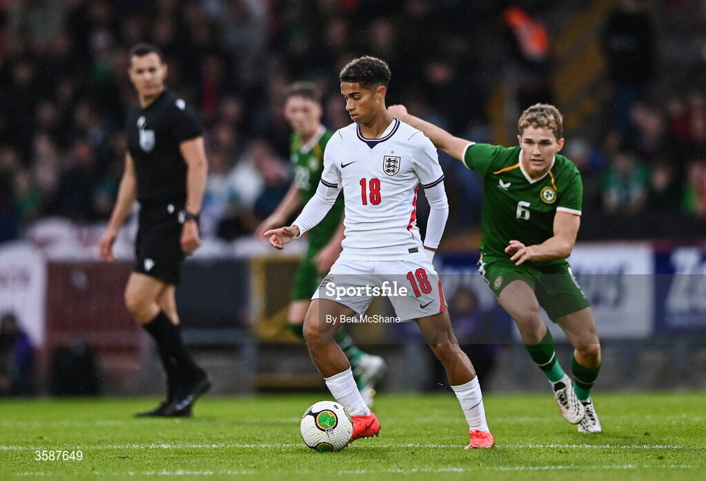 6 October 2026; Josh King of England and Jacob Devaney of Republic of Ireland during the UEFA European U21 Championship qualifier match between the Republic of Ireland and England at Turner's Cross Stadium in Cork. Photo by Ben McShane/Sportsfile