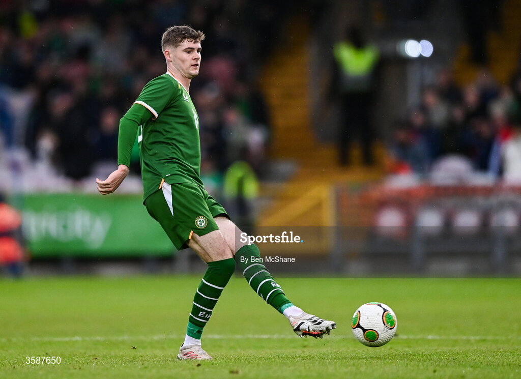 6 October 2026; Alex Murphy of Republic of Ireland during the UEFA European U21 Championship qualifier match between the Republic of Ireland and England at Turner's Cross Stadium in Cork. Photo by Ben McShane/Sportsfile