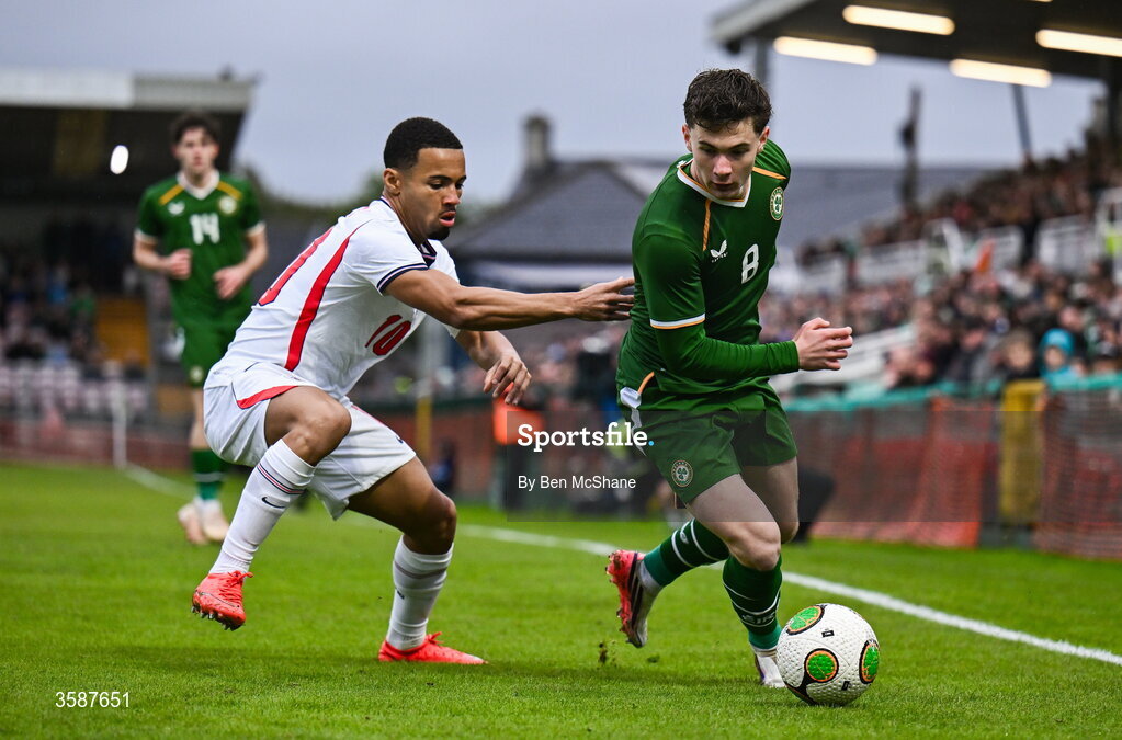 6 October 2026; Jamie Mullins of Republic of Ireland and Ethan Nwaneri of England during the UEFA European U21 Championship qualifier match between the Republic of Ireland and England at Turner's Cross Stadium in Cork. Photo by Ben McShane/Sportsfile