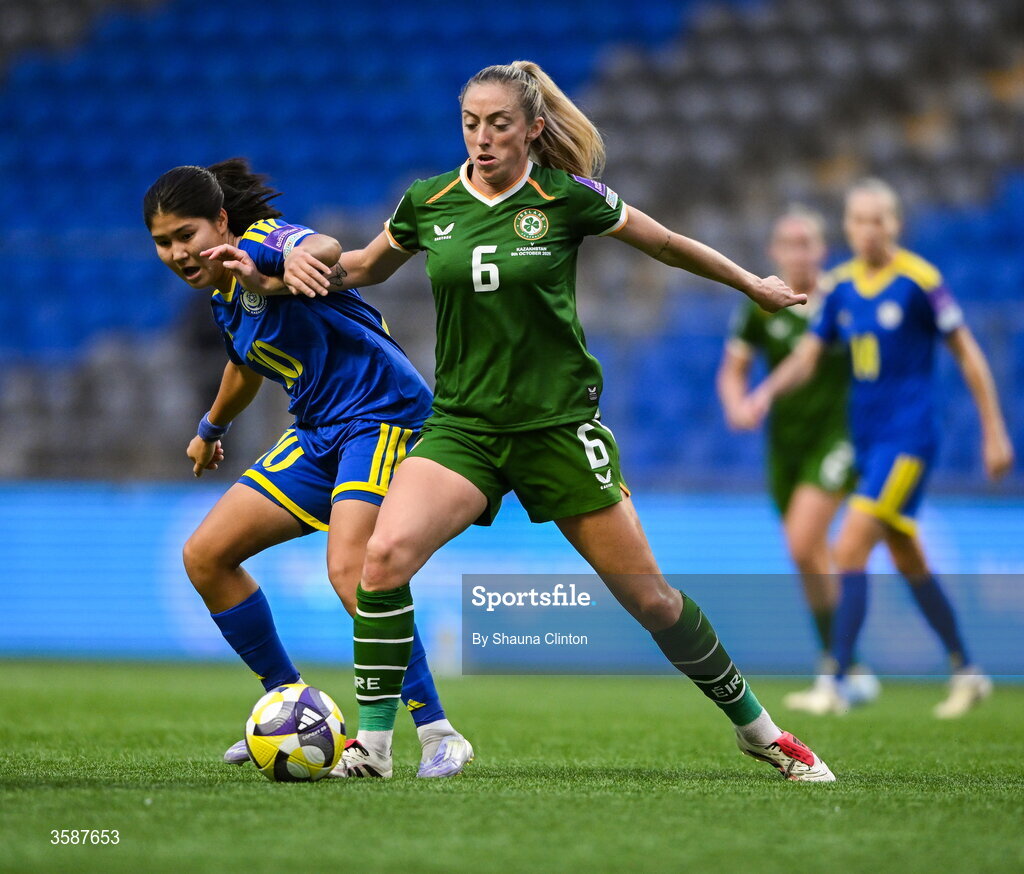 9 October 2026; Megan Connolly of Republic of Ireland in action against Amina Bibossynova of Kazakhstan during the 2027 FIFA Women’s World Cup qualifying round 1 play-off first leg match between Kazakhstan and the Republic of Ireland at Astana Arena in Kazakhstan. Photo by Shauna Clinton/Sportsfile