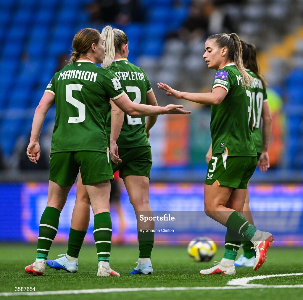 9 October 2026; Chloe Mustaki of Republic of Ireland, right, celebrates with team-mate Aoife Mannion after scoring their side's second goal during the 2027 FIFA Women’s World Cup qualifying round 1 play-off first leg match between Kazakhstan and the Republic of Ireland at Astana Arena in Kazakhstan. Photo by Shauna Clinton/Sportsfile