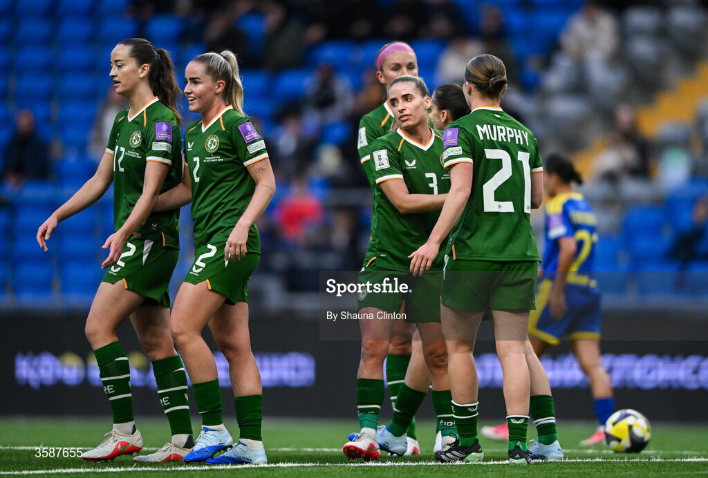9 October 2026; Chloe Mustaki of Republic of Ireland, centre, celebrates with team-mates including Emily Murphy, 21, after scoring their side's second goal during the 2027 FIFA Women’s World Cup qualifying round 1 play-off first leg match between Kazakhstan and the Republic of Ireland at Astana Arena in Kazakhstan. Photo by Shauna Clinton/Sportsfile
