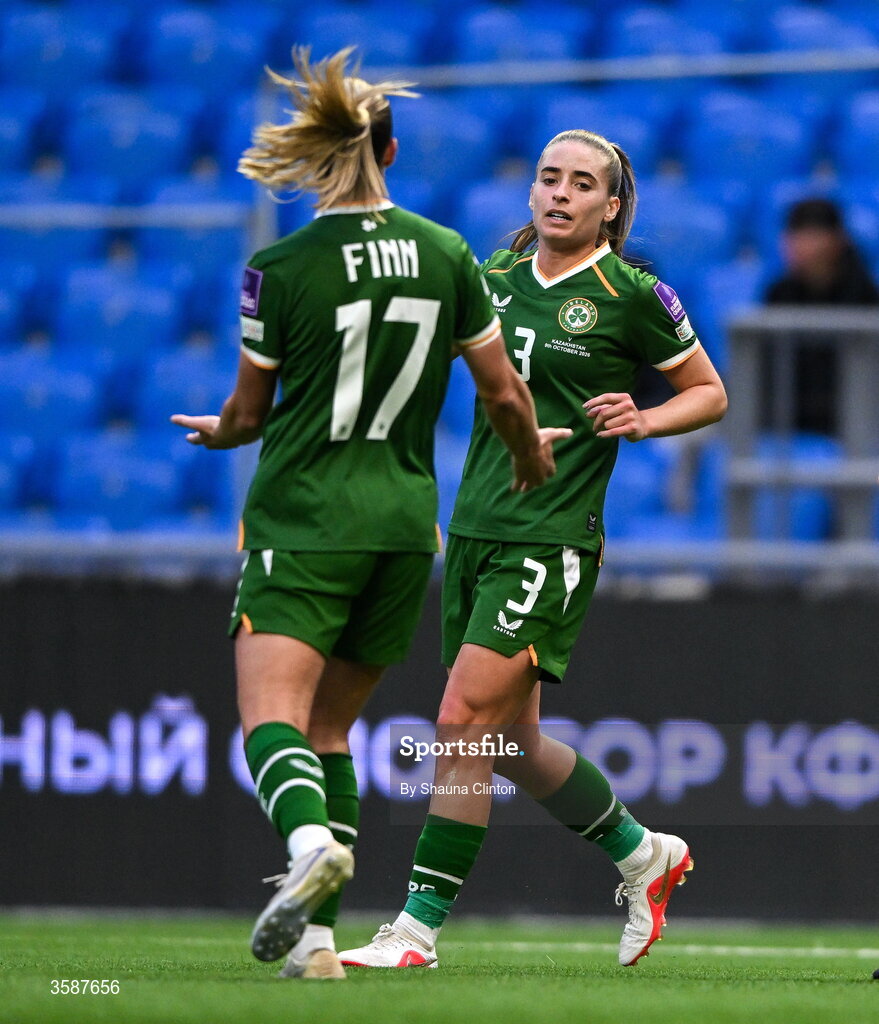 9 October 2026; Chloe Mustaki of Republic of Ireland, right, celebrates with team-mate Jamie Finn after scoring their side's second goal during the 2027 FIFA Women’s World Cup qualifying round 1 play-off first leg match between Kazakhstan and the Republic of Ireland at Astana Arena in Kazakhstan. Photo by Shauna Clinton/Sportsfile