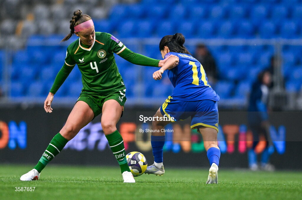 9 October 2026; Caitlin Hayes of Republic of Ireland in action against Amina Bibossynova of Kazakhstan during the 2027 FIFA Women’s World Cup qualifying round 1 play-off first leg match between Kazakhstan and the Republic of Ireland at Astana Arena in Kazakhstan. Photo by Shauna Clinton/Sportsfile