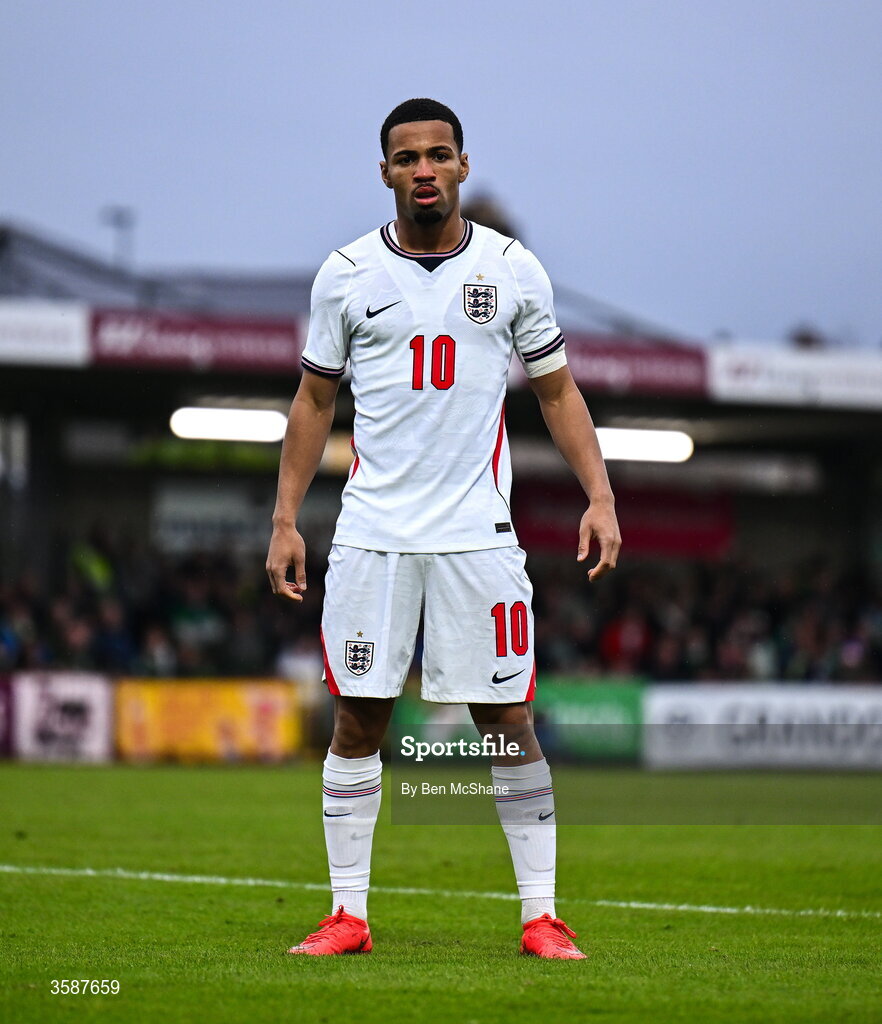 6 October 2026; Ethan Nwaneri of England during the UEFA European U21 Championship qualifier match between the Republic of Ireland and England at Turner's Cross Stadium in Cork. Photo by Ben McShane/Sportsfile